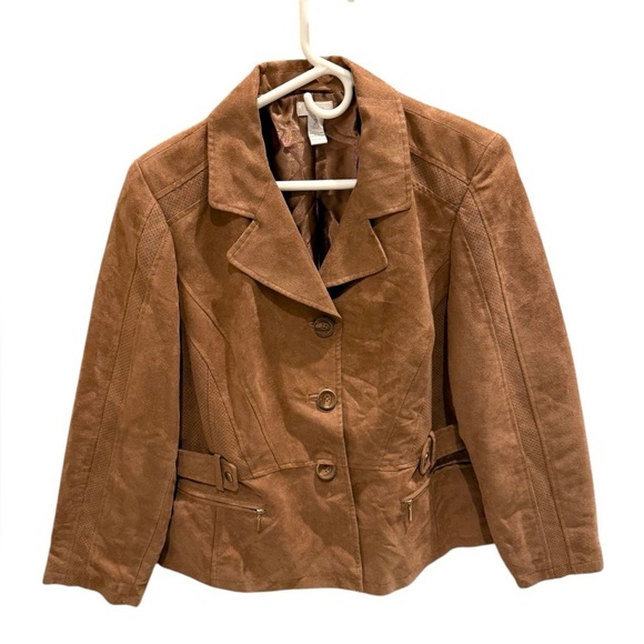 Chico’s Brown Suede Jacket Button Front Zipper Pockets Women’s Size Large - Picture 1 of 3